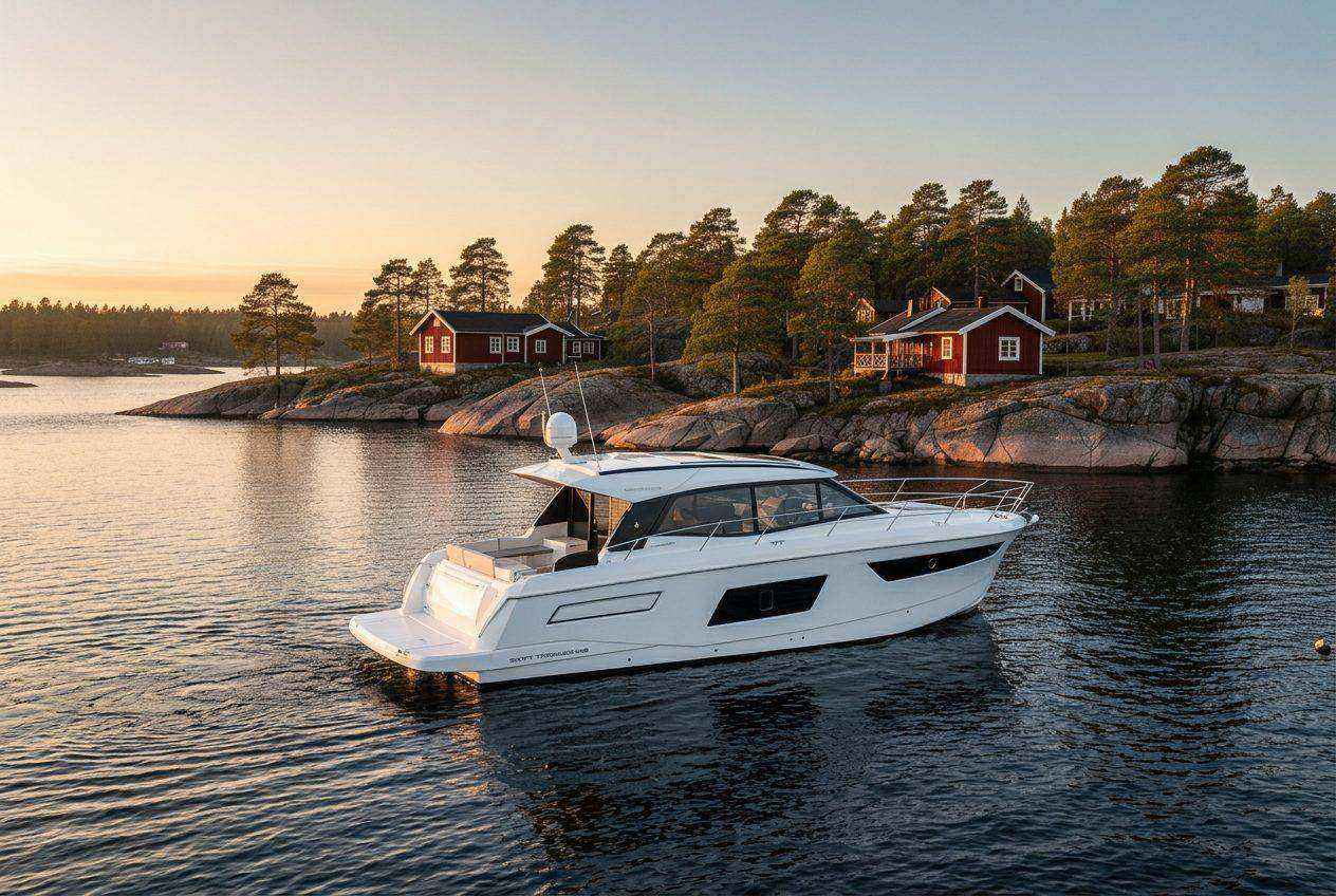 Lyxbåtar förtöjda i Stockholms skärgård i solnedgång